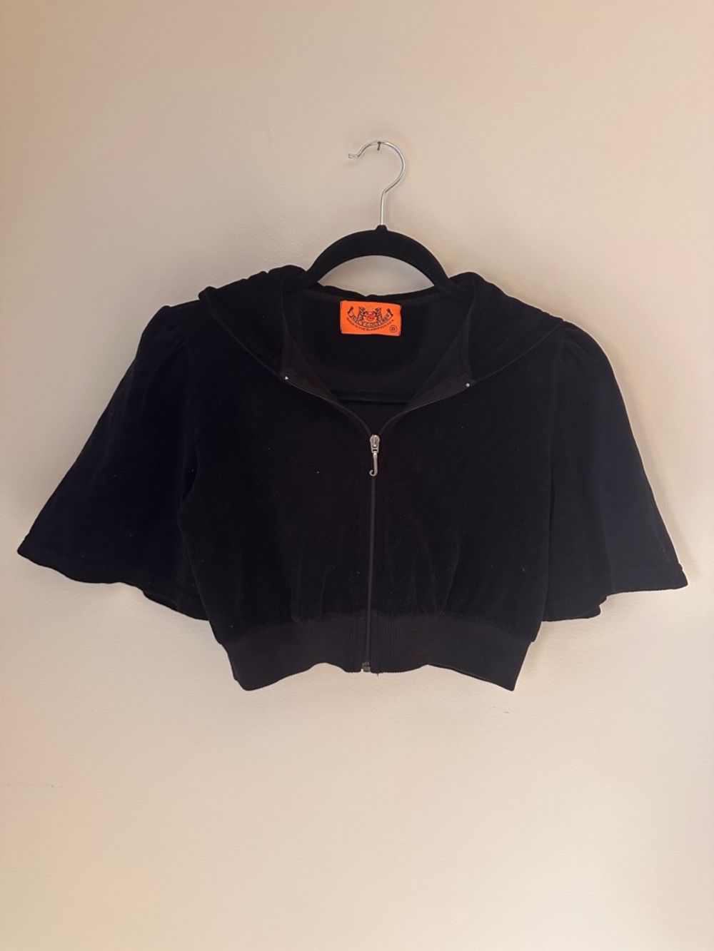 Vintage black Juicy Couture Cropped Velour Zip Hoodie with Cape Sleeves Small
